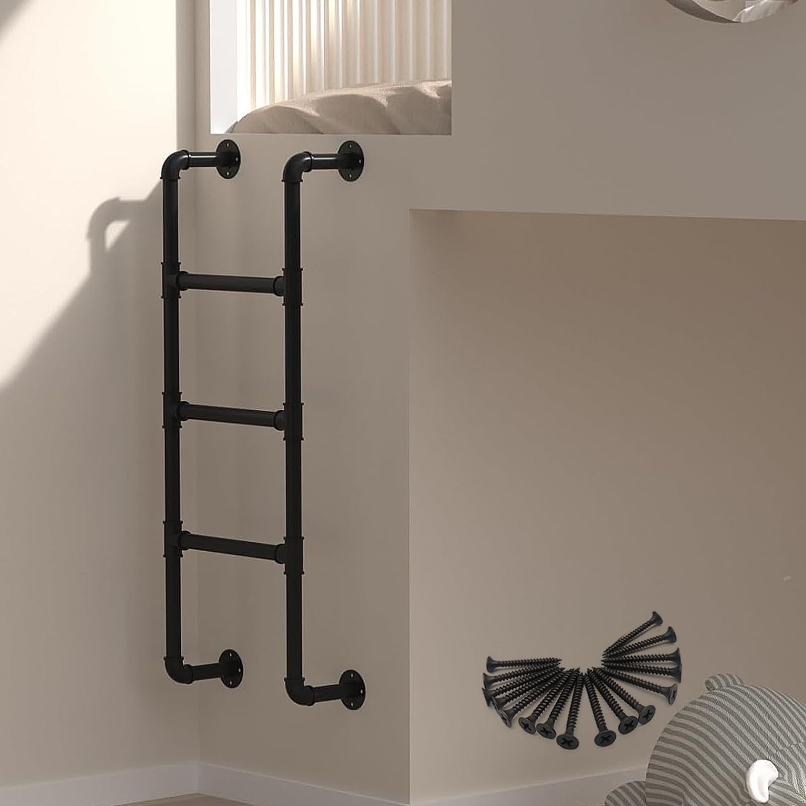Échelle de grenier murale en métal noir 100 à 150 cm pour lit mezzanine superposé