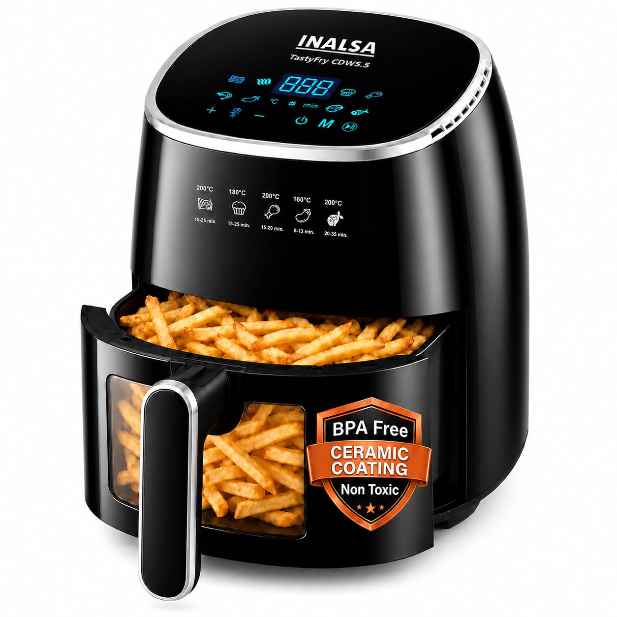 INALSA Air Fryer for Home 5.5 L Ceramic‑Coated 1600 W|Digital Touch Panel, 8 Presets|Food‑Grade Non‑Toxic Ceramic Basket|Air Fryer without Teflon Coating|Visible Window(Tasty Fry CDW 5.5)-image-7