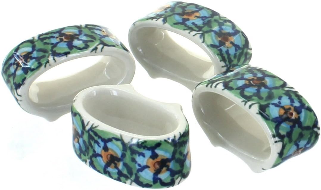 Blue Rose Polish Pottery - Red Hummingbird Napkin Ring Set - 4 Napkin Rings - Ceramic Napkin Holders, Decorative Dining Table Accessories