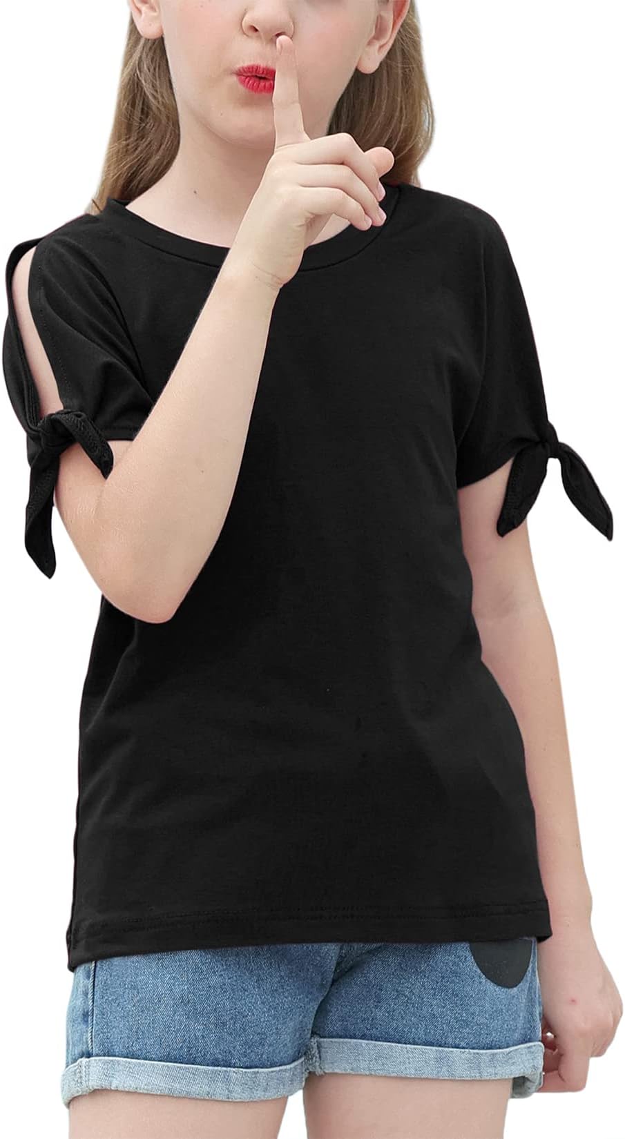 – Girl's Cut Slit Sleeve Tie knot Cuff Stripe Tunic T-shirt Casual Pullover Top for 4-14T Kids