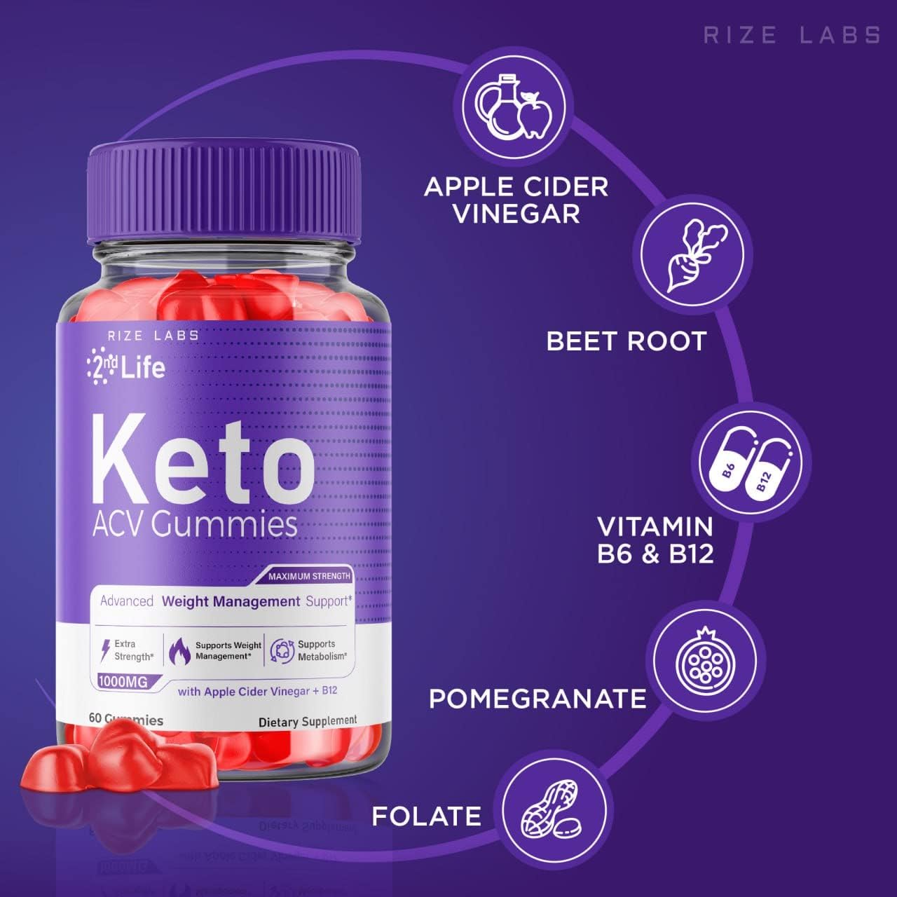 rize labs - 2nd Life Keto ACV Gummies for Advanced Weight Loss Pro Burn Keto Gummies with Apple Cider Vinegar Supplement Belly Fat Extra Strength (120 Gummies)