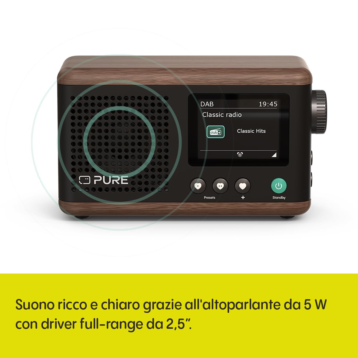 Pure Classic Mini Radio Digitale Portatile DAB+ e FM con Bluetooth 5.3, Batteria da 15 ore, Schermo a colori da 2,4", Cinghia di trasporto, Nero Caffè/Noce, Compatto e leggero