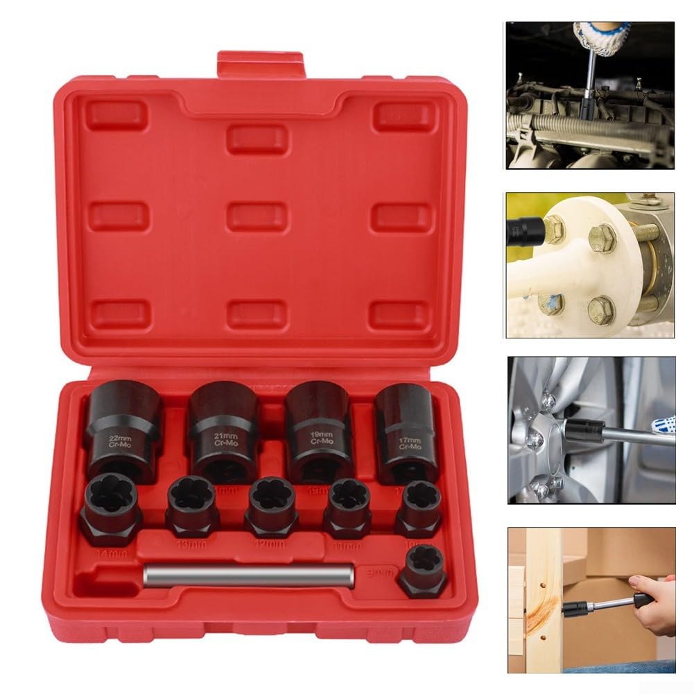 Lot de 11 extracteurs d'écrous et de boulons avec barre adaptateur de douille pour visseuse à percussion et cliquet en acier chromé