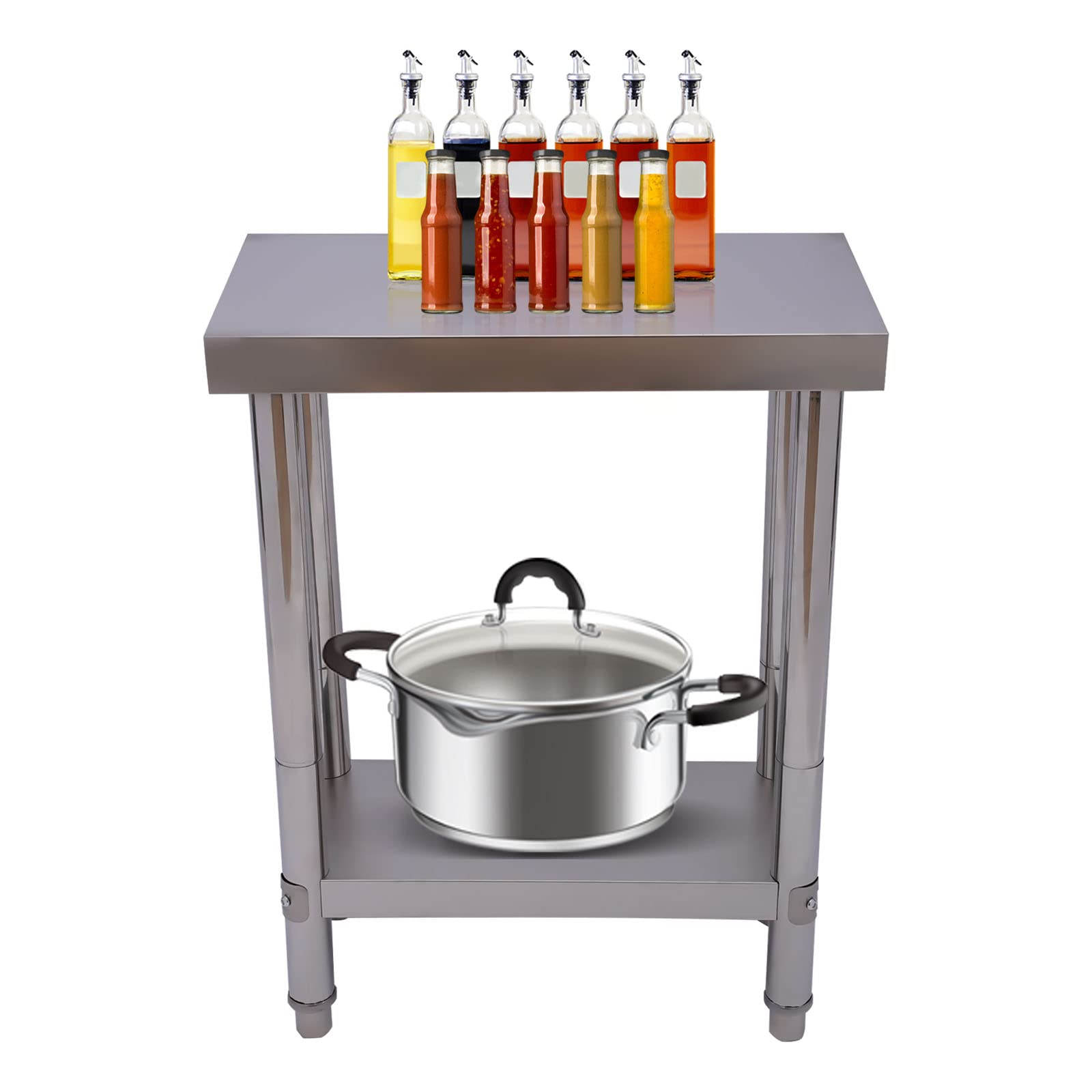 Mesa de trabajo multifuncional de acero inoxidable con estante inferior, mesa estable de acero inoxidable, estación de trabajo de cocina comercial con alta capacidad de carga 400 kg (plata