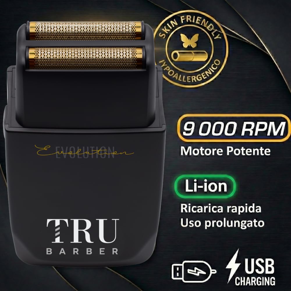 TRU BARBER Rasoio elettrico uomo professionale a lamina in titanio – Taglio preciso e veloce 9000 giri/min per barba, capelli e testa calva – Ideale per uso domestico e barbiere