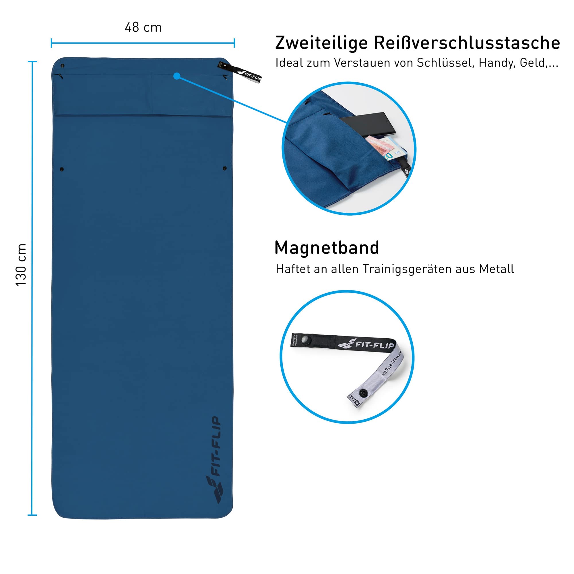 Fit-Flip Asciugamano Sportivo con Scomparto a Cerniera e Clip Magnetica - Telo in Microfibra - Compatto e ad Asciugatura Rapida - Accessori da Palestra uome e Donna