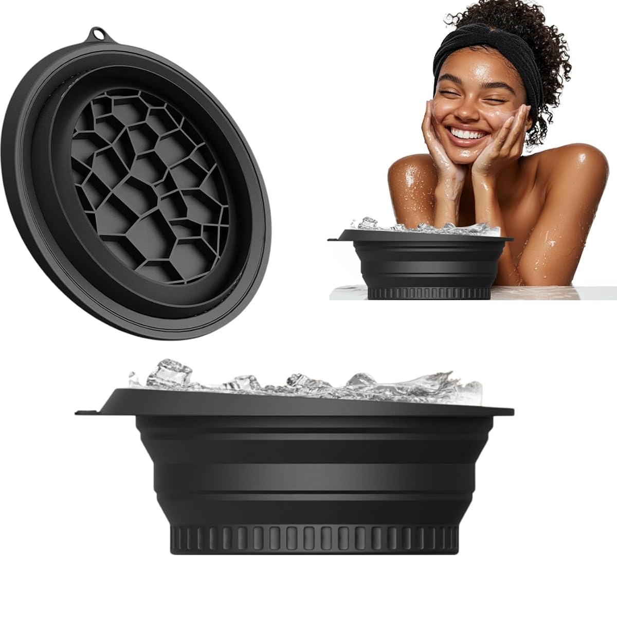 Icetray - Cuenco facial para hielo de enfriamiento rápido, plegable, herramienta de belleza cosmética, portátil, para calmar la piel, reducir la hinchazón, uso doméstico (negro)