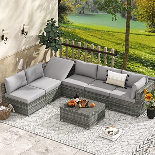 Rynsto 7 Piece Patio Furniture Set With Adjustable Bracket Grey Rattan Patio Conversation Sets Sectional Sofa Set With Table And Cushions For Porch Lawn Garden, Grey #TOP28