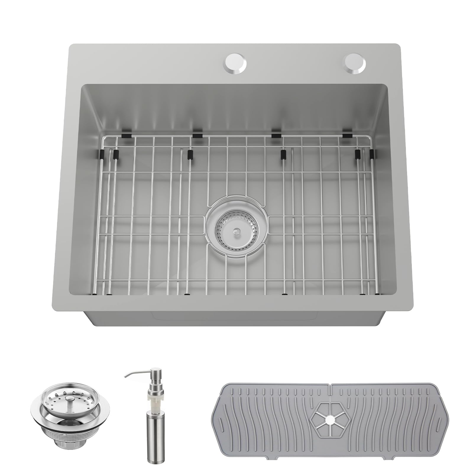 Grey Kitchen Sink, 22x18 Inch Stainless Steel Kitchen Sink Single Bowl Topmount Kitchen Sink With Gift-Sink Grid,Silicon Mat,Soap Dispenser,Drain Assembly Enhancing Aesthetic Appeal Of Modern Kitchen