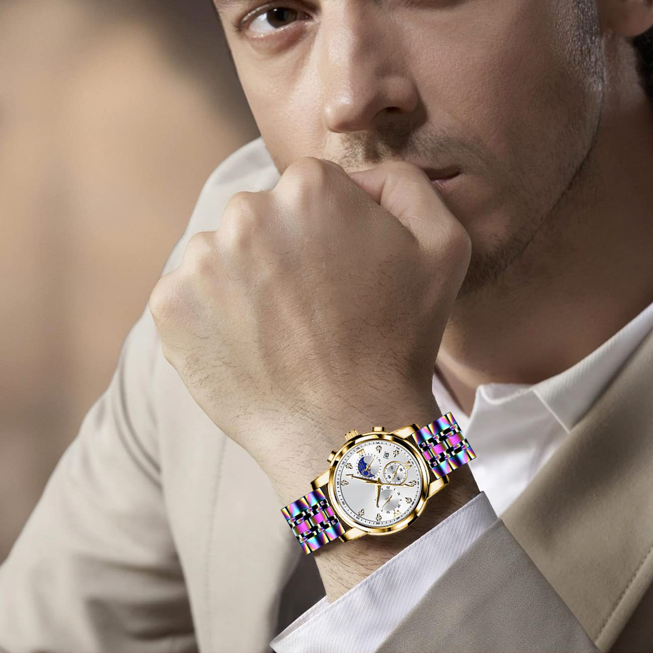 Bracelet de montre en métal à dégagement rapide, 20 mm, bracelet classique en acier inoxydable avec 7 rangées de lignes épurées bicolores, brossé et poli, pour homme et femme, bleu
