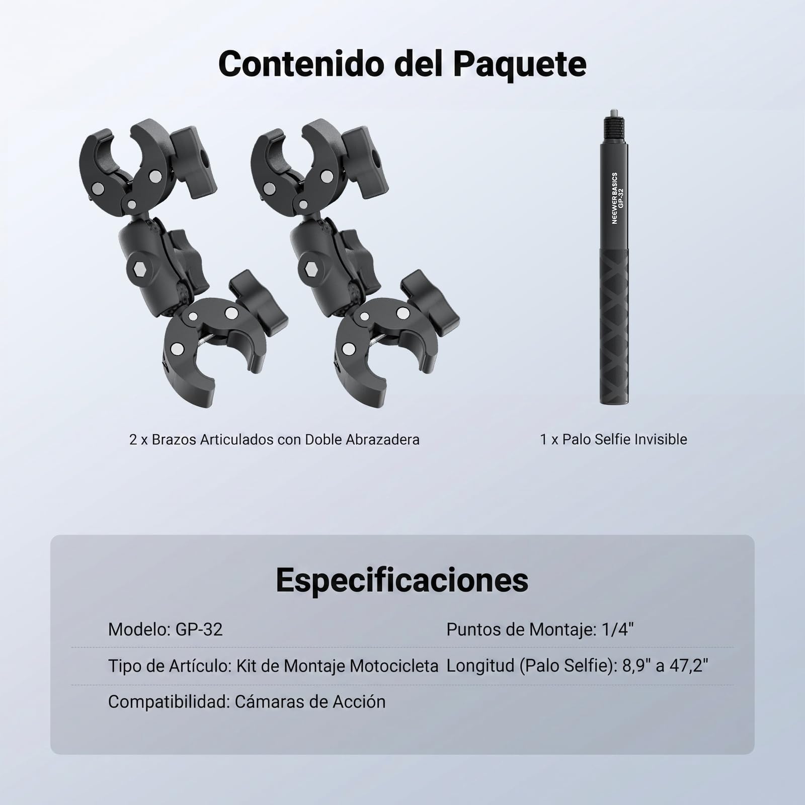 NEEWER BASICS Kit Accesorios Montaje en Motocicleta, Palo Selfie Invisible, Soporte para Manillar Bicicleta, Compatible con Insta360 DJI OSMO 360 Pocket 3 Action Cam para Grabación de Video POV, GP-32