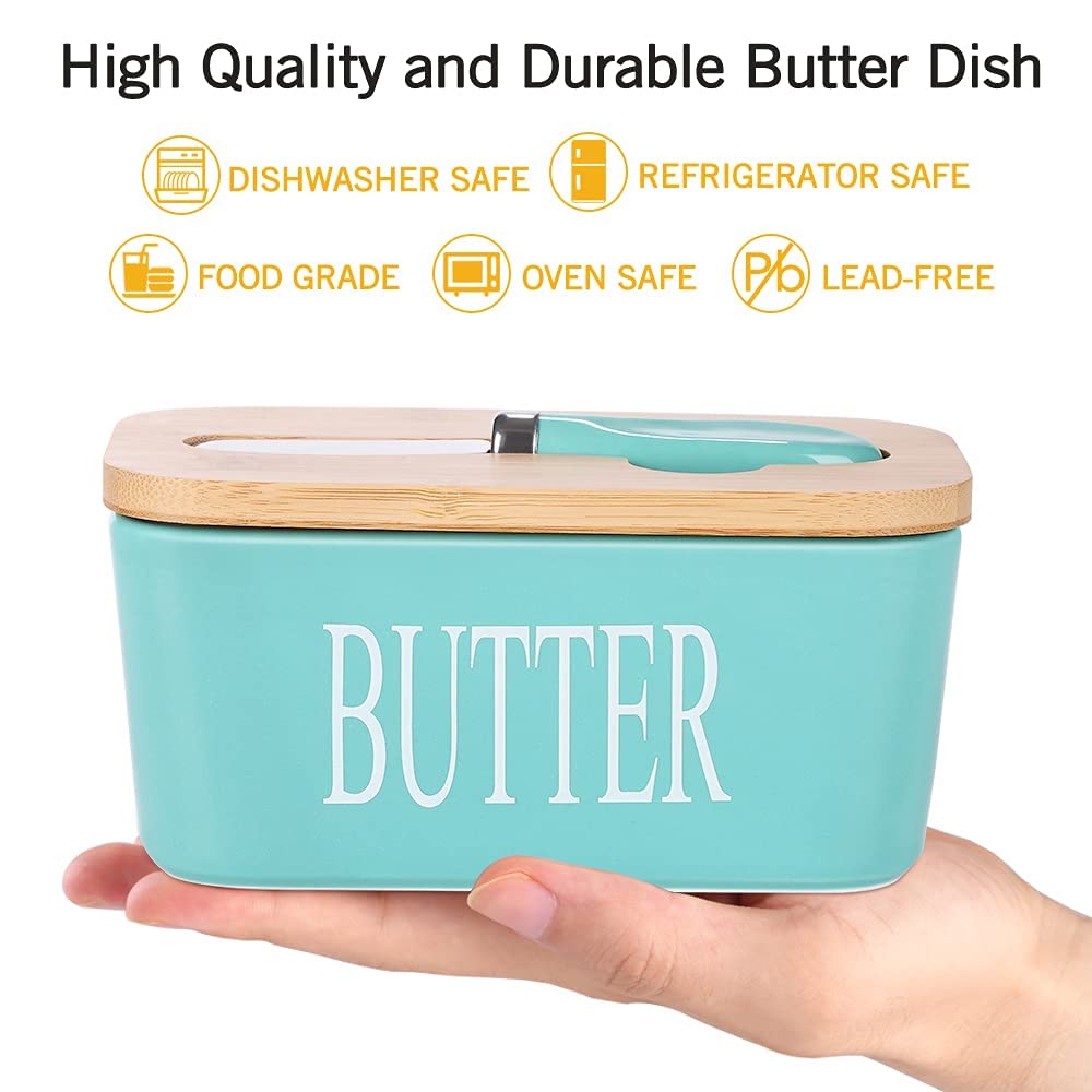 HEDRIX Ceramic Butter Dish Nordic Style Butter Box Butter Keeper Container Food Storage Candy Box Baking Dish with Wood Lid Knife for Kitchen, Light Green, Standard