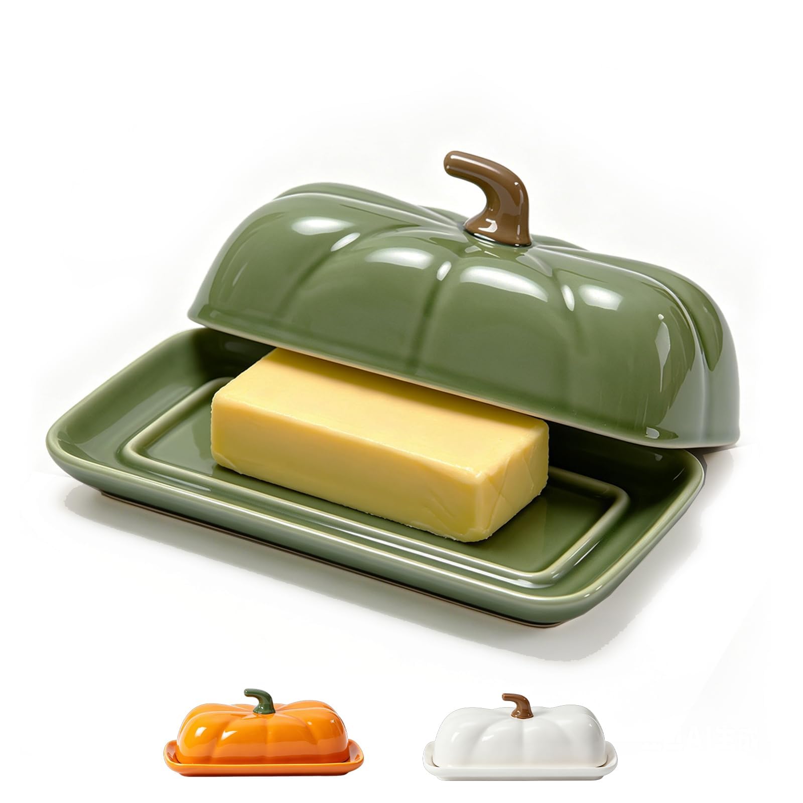 AVEKI Butter Dish with Lid for Countertop, Ceramic Cute Pumpkin Butter Container, Serving Tray with Cover, Decor Dinnerware for Halloween Thanksgiving Pumpkin Party (Green-B)