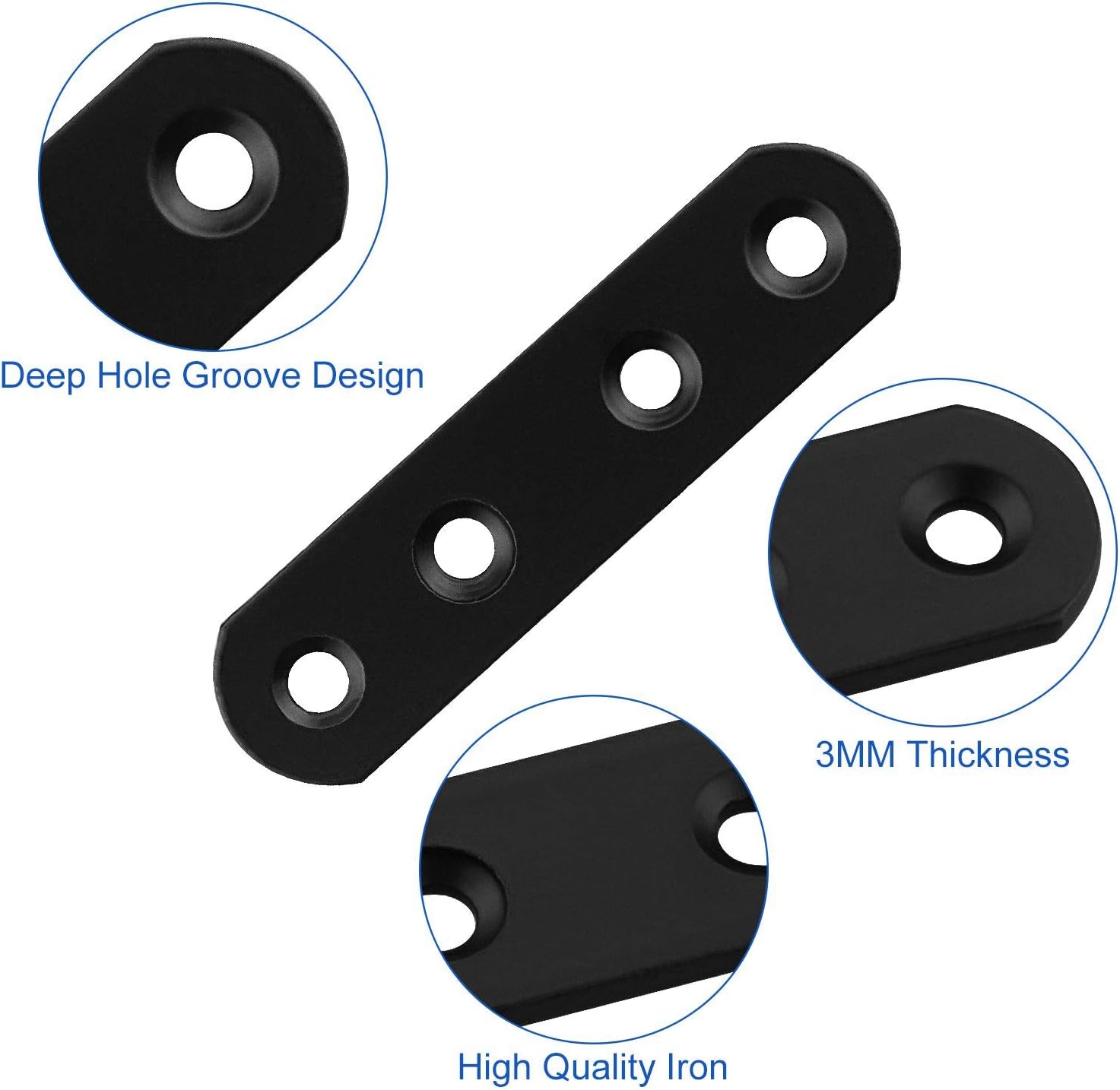 40Pcs Black Mending Plate, 3inch Cast Iron Straight Brackets, Flat Straight Brace Heavy Duty Metal Joining Plate Connector Repair Bracket for Wooden Furniture Shelves, 80MMx20MMx3MM