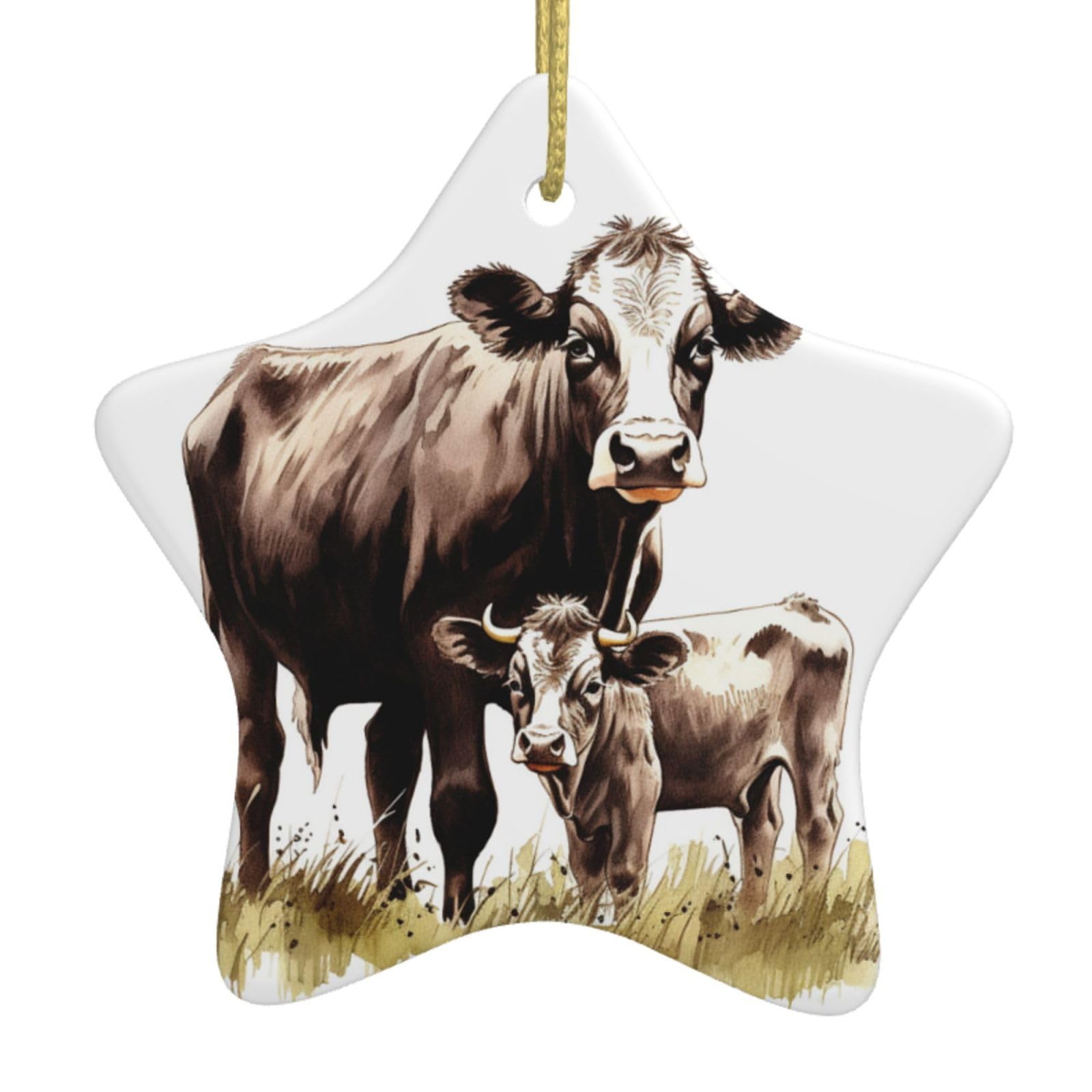 Ceramic Christmas Tree Hanging Ornaments with Gold Ropes Christmas Tree Decorations Star Ceramic Cow Painting Pendant Keepsake Decorations for Holiday Xmas Gift Ideas