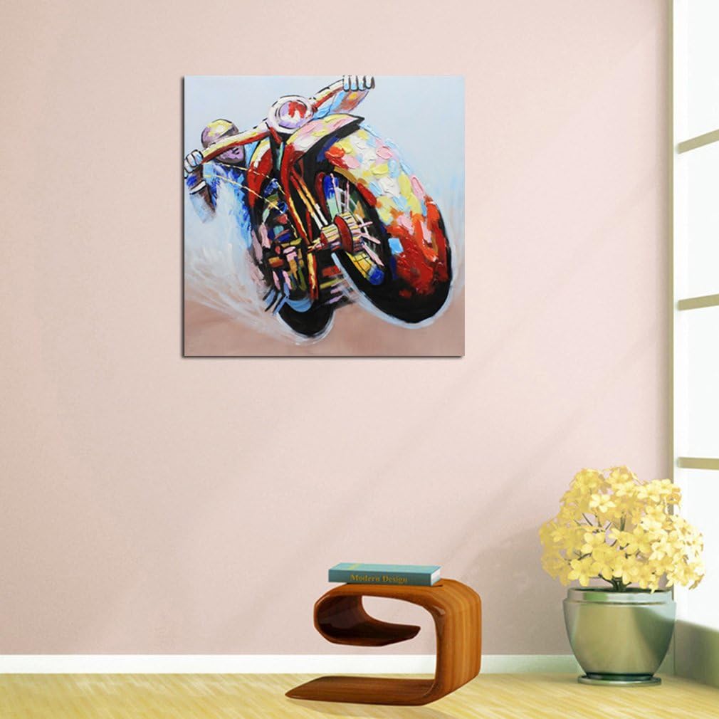 Chеареѕt 🛒 Muzagroo Art Motorcycle Oil Painting Painted by Hand Large Size Canvas Art for Wall Living Room Wall Art Ready to Hang (32x32in)