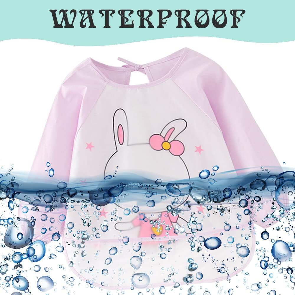 Lvjkes slabbetje met mouwen, slabbetje voor baby's, 2 stuks waterdichte slabbetjes met lange mouwen en een zak voor het opvangen van levensmiddelen voor peuters van 2-4 jaar, blauw en groen, Eén maat