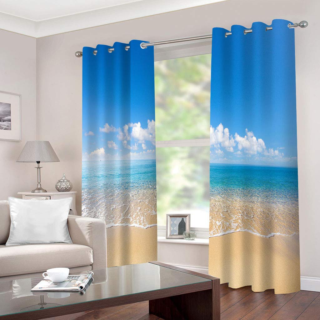 Rideaux Et Draperies Intérieurs 3D Nuages Blancs Vue Mer Ciel Bleu Motif Rideau Occultant À Oeillets Decoration Salon Chambre Maison pour Enfant Adulte 2 Pièces 280X160Cm Design Moderne Imprimé