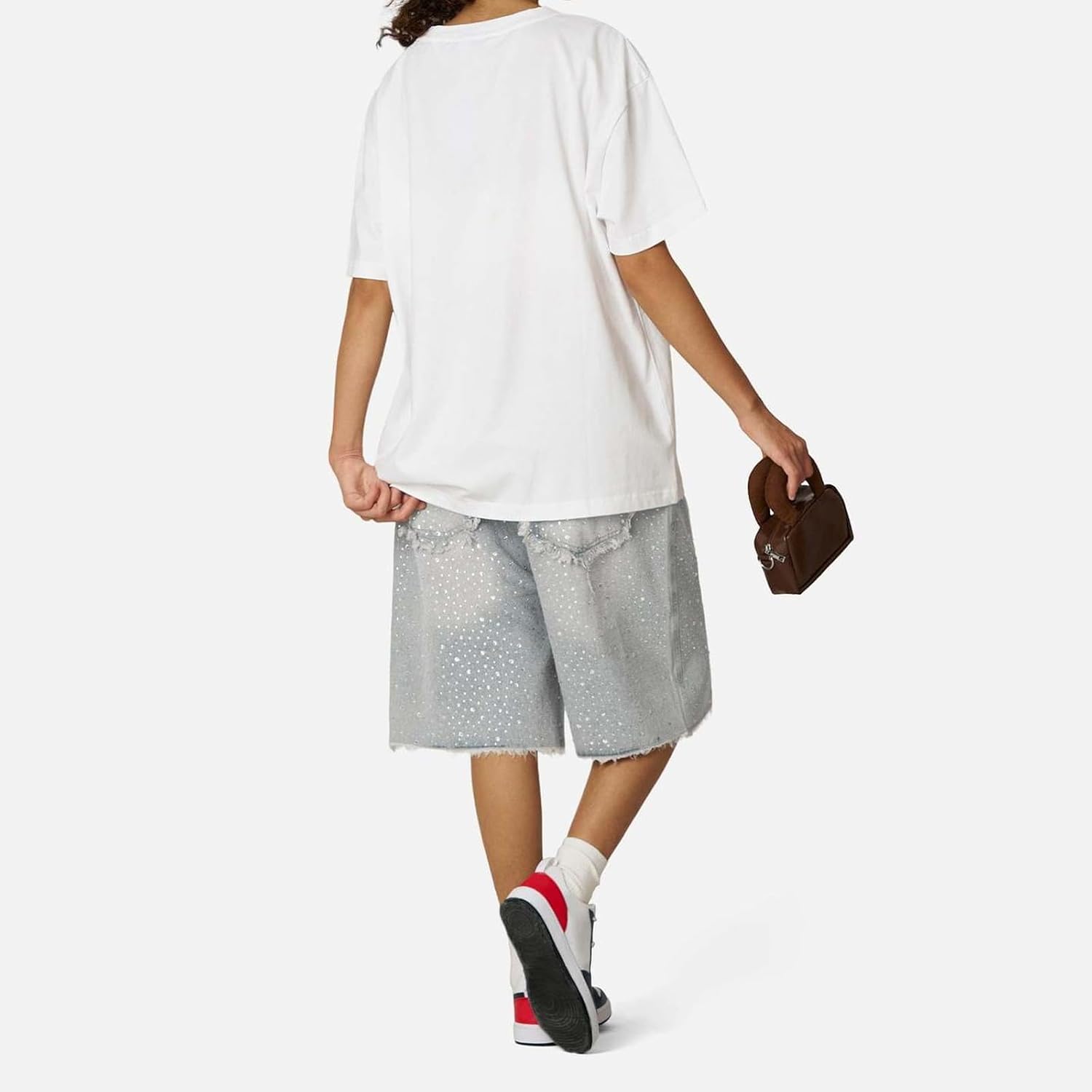Rhinestone Jorts Y2K Men Ink Splash Baggy Jeans Shorts Glitter Shiny Party Streetwear Wide Leg Denim Shorts 2000S