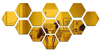 Wall1ders 13 Hexagon Golden 3D Acrylic Mirror Wall Stickers