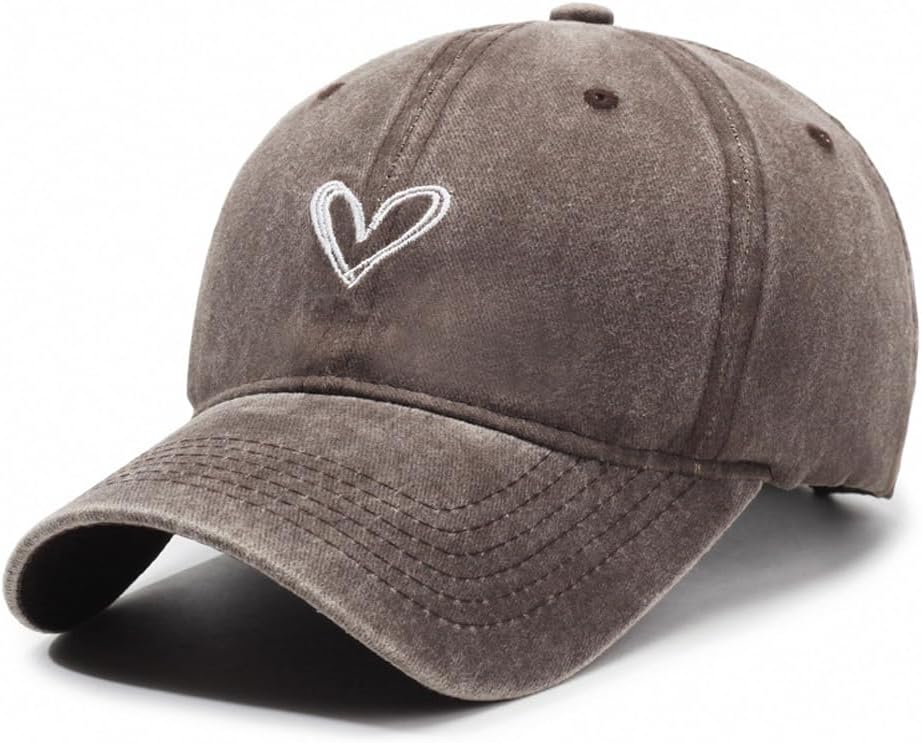 YuMENo Women's Heart Embroidered Baseball Cap Vintage Washed Cotton Adjustable Low Profile Dad Hats