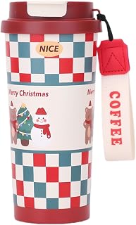 Stainless Steel Mug with Lid, Christmas Tumbler Cup, Double Wall Drink Container, Leakproof Travel Cup with Easy Grip Handle, Hot Cold Beverage Use for Office School Gym Picnic Camping Beach Hiking
