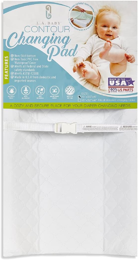 LA Baby Contoured Waterproof Diaper Changing Pad, 32" with Easy to Clean Quilted Cover - Made in USA. Non-Skid Bottom, Safety Strap, Fits All Standard Changing Tables/Dresser Tops