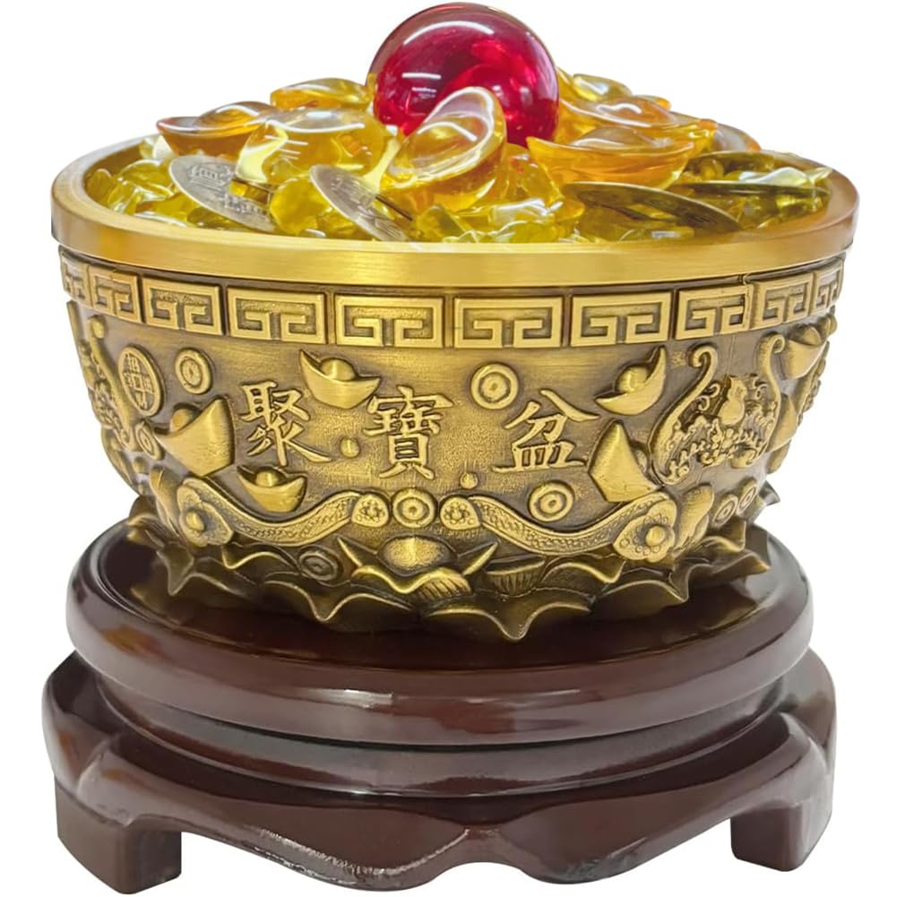 WAYUTO Brass Treasure Bowl with Rotatable Wooden Base + 10 Pcs Copper Coin/Ingot Citrine Chinese Feng Shui Hand-Made Collectibles Pray for Fortune