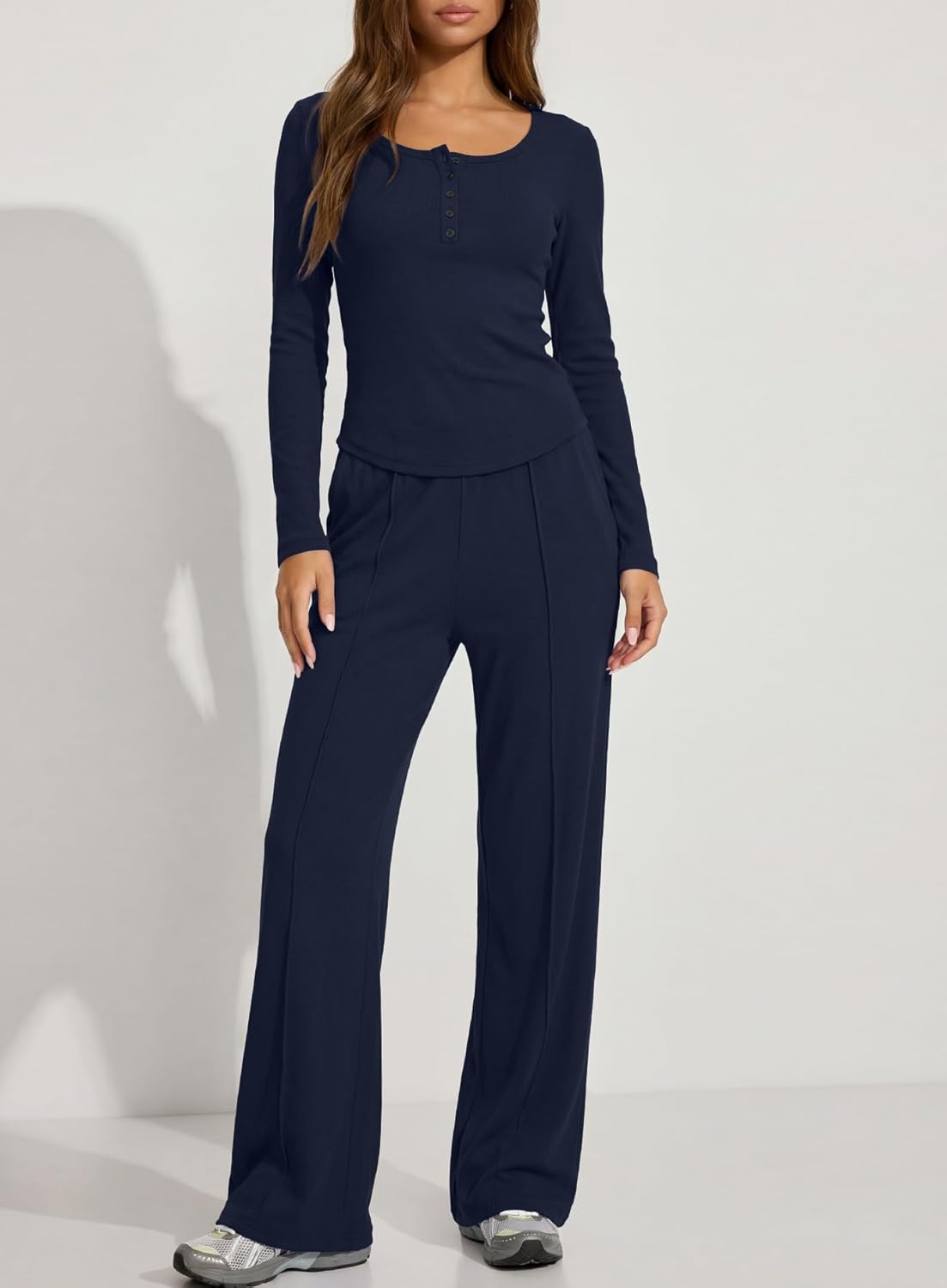 Darong Womens 2 Piece Matching Lounge Sets 2026 Long Sleeve Henley Shirts Wide Leg Pants Airport Travel Outfits - Image 3