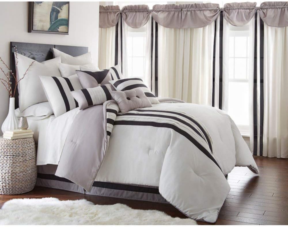 Amrapur Overseas | Newport 24-Piece Striped Comforter Set (Grey/Black/Cream, King)