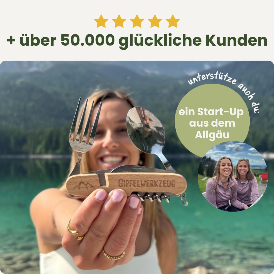 Gipfelgaudi All-in-One Camping Besteck: ideal zum Wandern, Picknick & mehr I Plastikfreies Besteck To Go aus rostfreiem Edelstahl & Holz