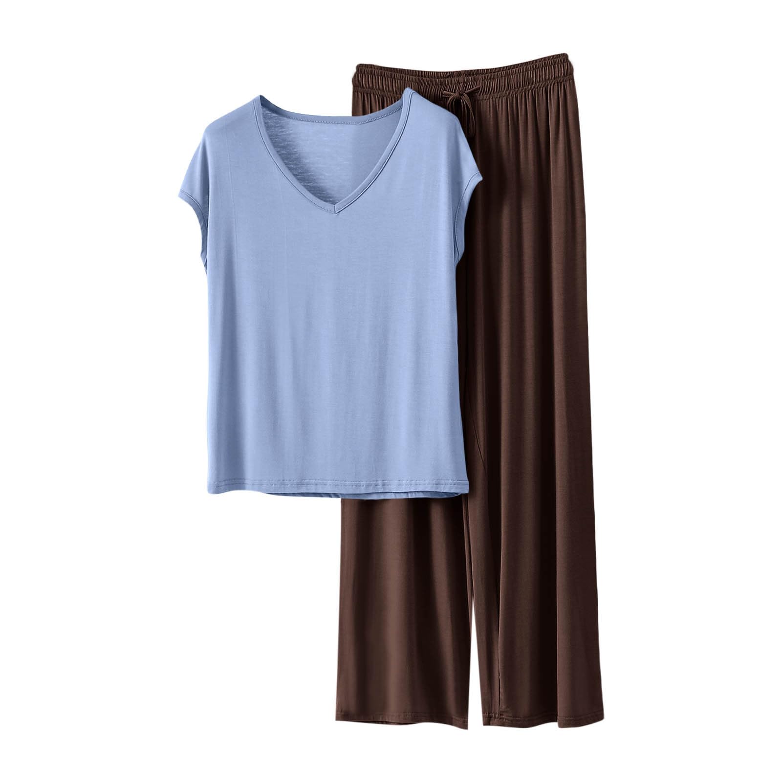HGps8w Women's Short Sleeve Summer Pajamas Sets, Loose V Neck Top Matching Wide Leg Pants Soft Modal 2 Piece Lounge Outfits