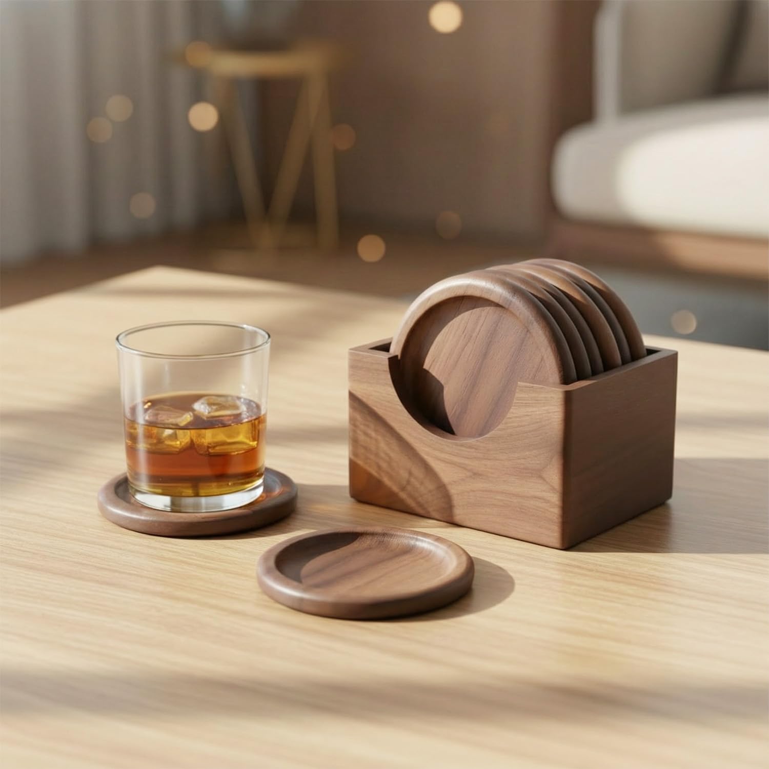 Posavasos de Madera de Nogal, Set de 6, 10 cm, Soporte Incluido para Vasos de Whisky, Copa y Tazas