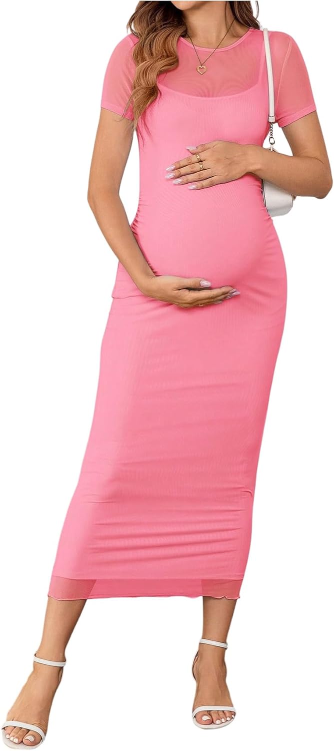 OYOANGLE Women's Maternity Dress Sheer Short Sleeve Crew Neck Bodycon Long Dresses