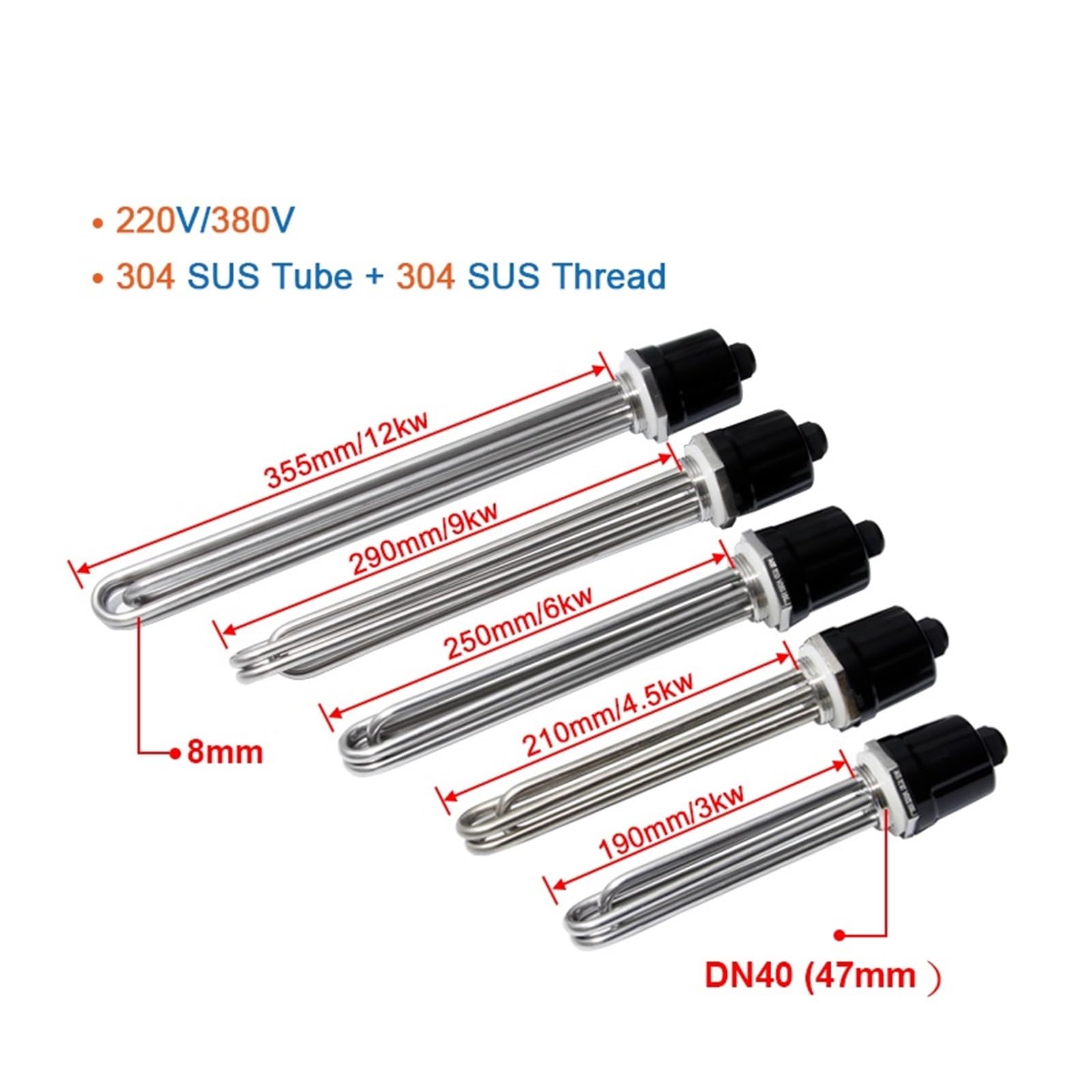 Resistenza per scaldabagno, Elemento ad immersione for scaldabagno DN40 BSP Filettatura in acciaio inossidabile 304 3-12KW 220V/380V Multicolor(Grey,380V-4.5KW ALL 304SUS)