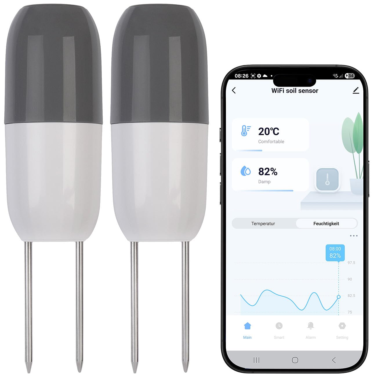 Royal Gardineer WLAN Pflanzen Sensoren: 2er-Set Smarter WLAN-Bodenfeuchtigkeits- & Temperaratursensor, App (Pflanzen Feuchtigkeit Sensoren, Pflanzenpflege)
