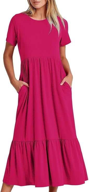 Maxi Dresses for Women 2025 Plus Size Short Sleeve Tiered Ruffle Dress Summer Causal Crewneck Tshirt Dress Pockets