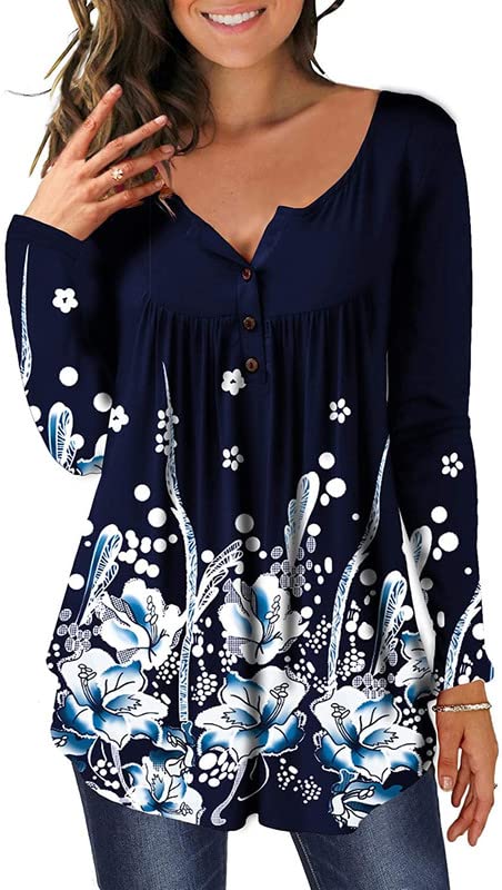 Womens Tops Long Sleeve Blouses Casual Floral Henley Shirts Autumn/Winter S-2XL