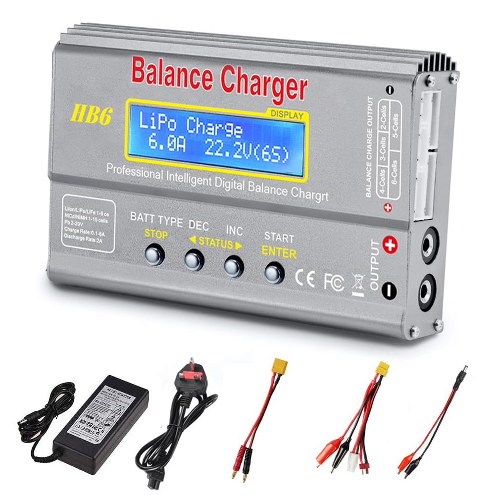 Cargador LiPo Haisito HB6, Cargador/Descargador de batería RC con Equilibrador para LiPo Lilon Life NiMH NiCD PB, 80W 6A con Adaptador AC/DC, Compatible con Tamiya / XT60 / Deans/JST/Futaba