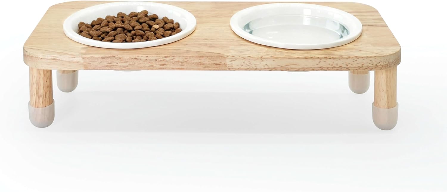 11.8 oz Elevated Ceramic Double Cat Bowl Set - Modern Lead-Free Feeder with Natural Oak Wood Stand (Oak Stand & 2 White Bowls)