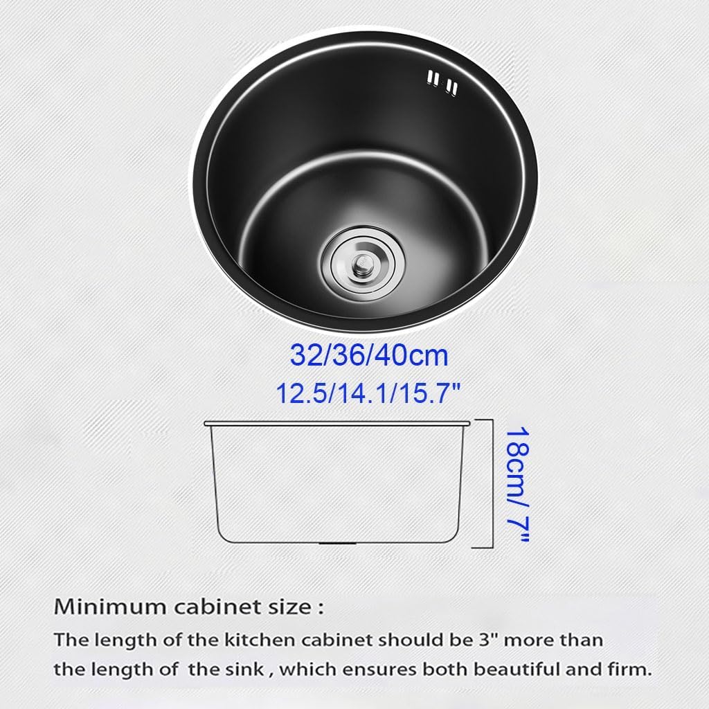 Black Round Bar Sink 12.5-inch Single Bowl Kitchen Sink Stainless Steel Kitchen Sink Topmount Drop-in Handmade Kitchen Sink Bar Sink Prep Sink (Size : 15.7")