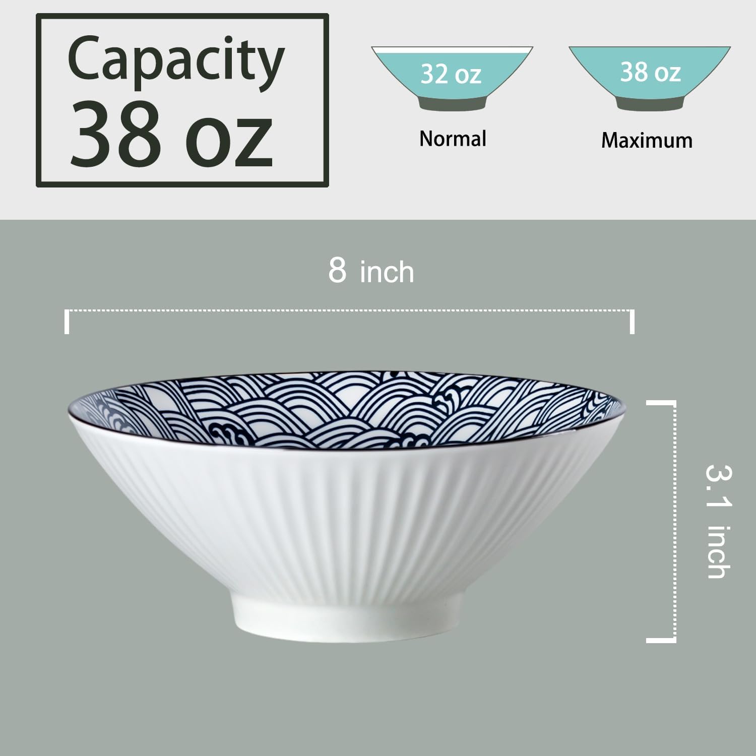 38 oz Japanese Ramen Bowl Set of 6 - Large 8 Inch Ceramic Soup Bowls, Blue and White Japanese Noodle Bowls for Pho, Ramen, and Salad - Wave Patterns