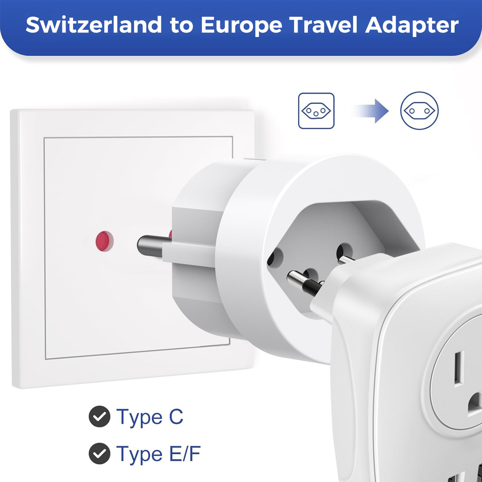 Adaptateur de Voyage Prise Adaptateur Suisse vers UE, 3 Pièces Adaptateur de Prise de Voyage Suisse vers UE, Prise Adaptateur Liechtenstein vers UE Prise Suisse Prise Française 2 Broches