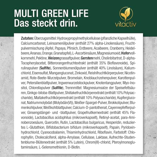 VITACTIV Multi Green Life - Green Food Multivitamin Präparat - Natur Komplex 100 Nährstoffe - Vitamin C, D, E, B Vitamine - Mineralien, Enzyme, Omega3, Vitalpilze, Probiotika, Superfood - 90 Kapseln