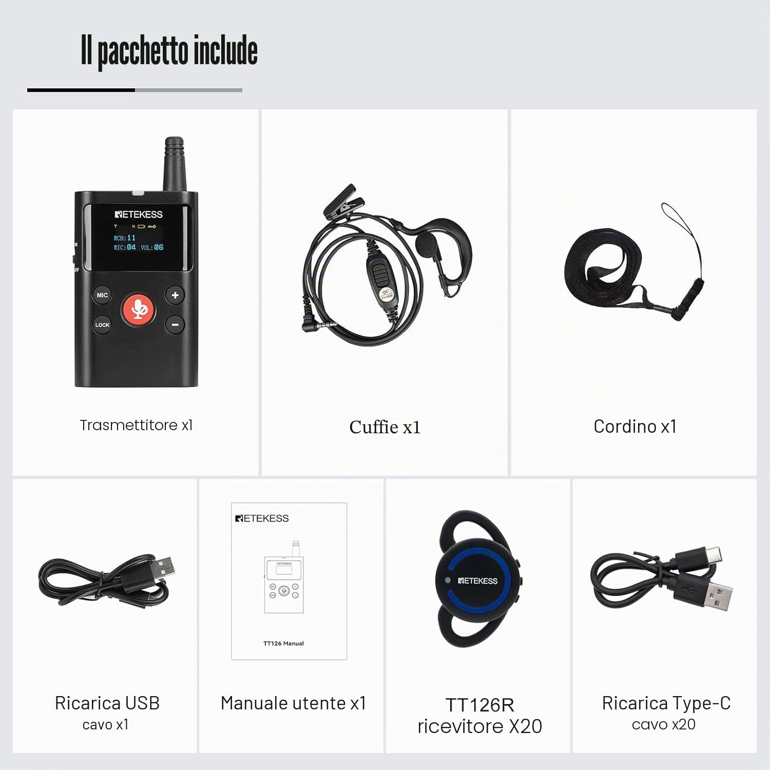 Retekess TT126R Sistema Guida Turistica, 150 M, Leggero, Qualità Audio più Nitida, Abbinamento Automatico, Ideale per Visite in Fabbrica e Tour Guidati (1 Trasmettitore, 20 Ricevitori)