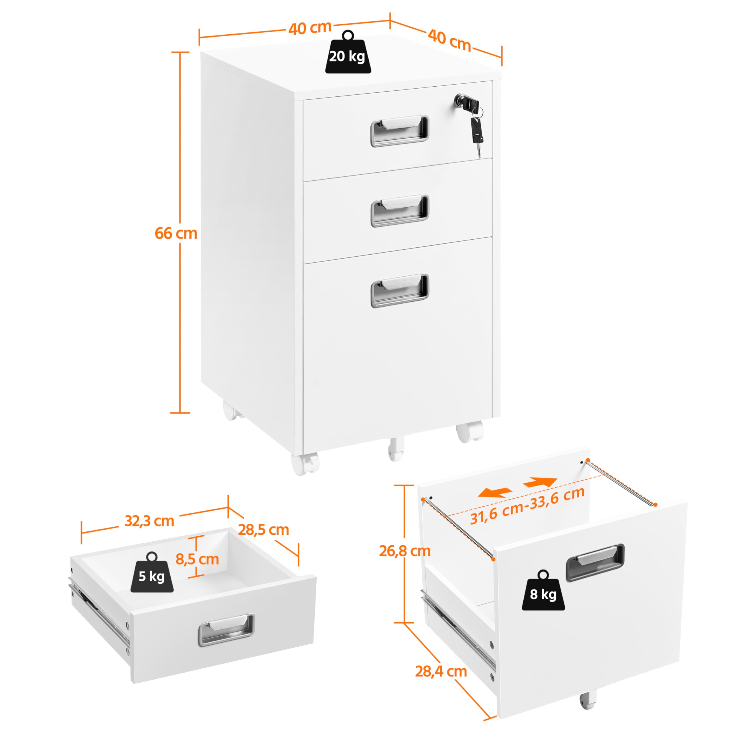 Yaheetech Cajonera de Oficina con Ruedas Gabinete de Oficina con 3 Cajones y Cerradura 40x40x66,5cm Armario Archivador Carpeta de Gran Capacidad para Carta y Archivos A4 Blanco