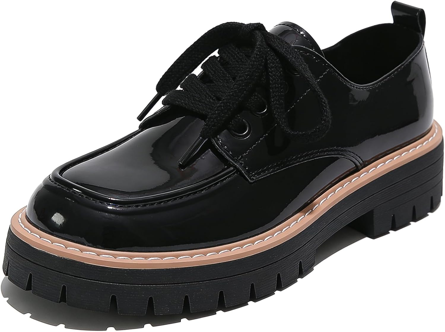 Women's Leather Platform Chunky Heel Oxfords Fashion Round Toe Handmade Lace-Up Loafers Comfort Casual Business Dress Shoes for Office Work Daily