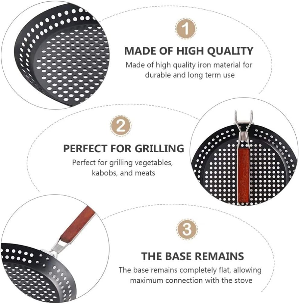 Round Barbecue Nonstick Pan Grill Skillet Grill Topper Tray with Foldable Handle BBQ Grill Wok for Home Kitchen Outdoor Barbecue