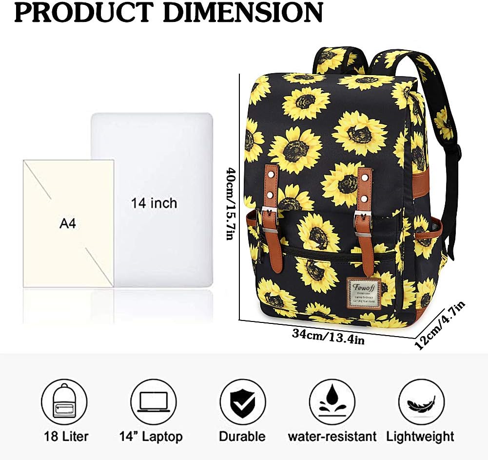 Sunflower School Backpack for Girls, 15.6" Laptop Backpacks College School Bookbags Casual Daypack