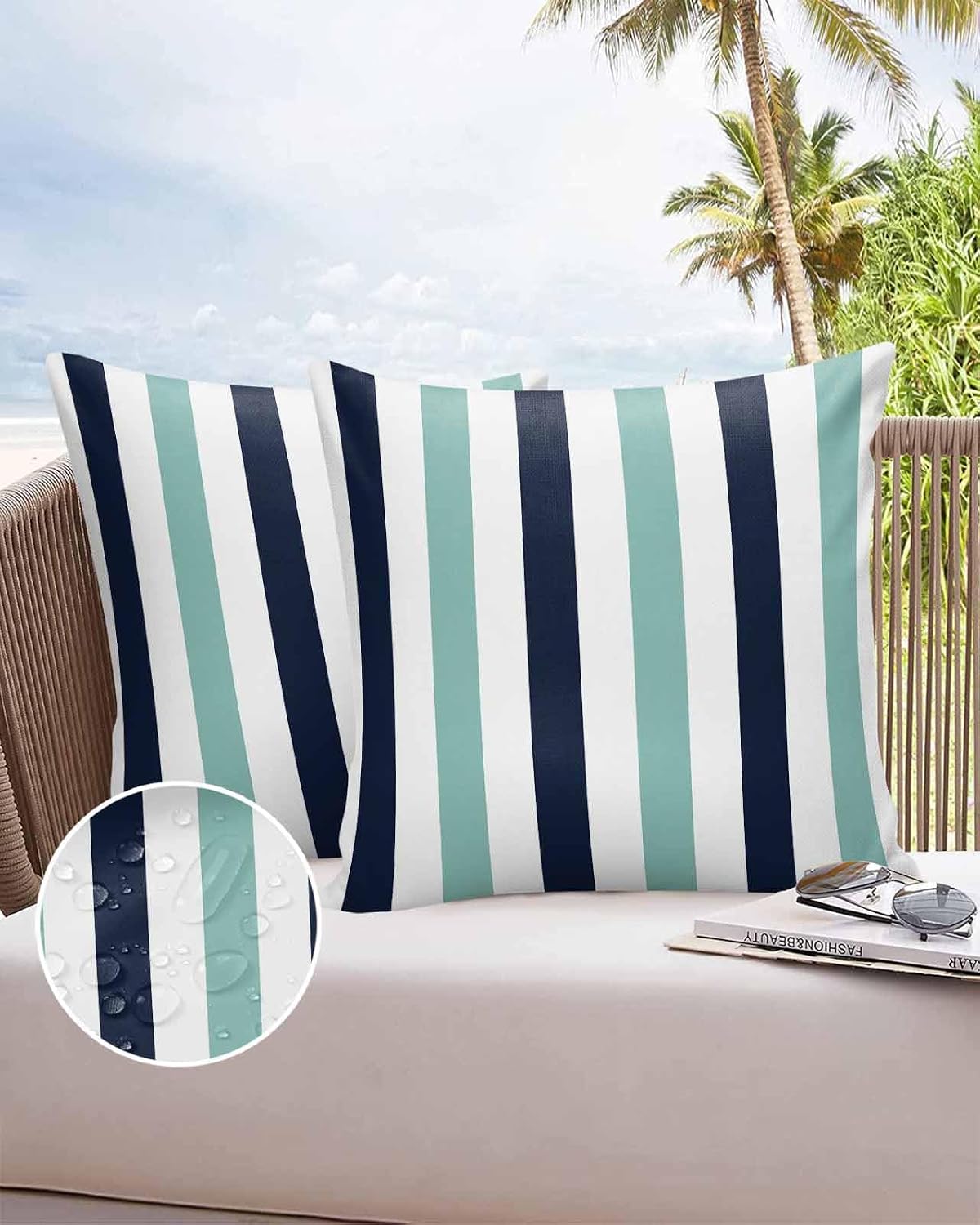 Outdoor Waterproof Throw Pillow Covers Set of 2 Navy Blue Teal Stripes Pillowcases 20x20 Inches Contrast Striped Patio Decorative Pillows Cushion Case Patio Pillows for Couch Bed Chair Garden